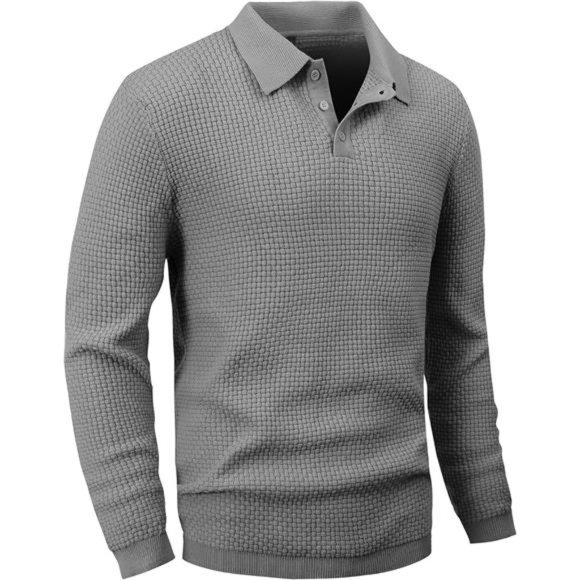 Mens Knit Polo Sweater Long Sleeve Lightweight Collared Pullover